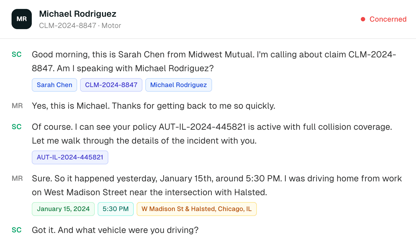 Real-time call transcript with entity extraction